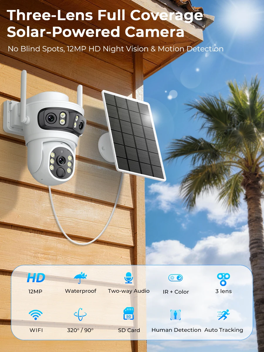 12MP 6K Three Screens PTZ Wifi Solar Security Camera Outdoor Wireless Surveillance Camera PIR Human Detection Built-in Battery 2