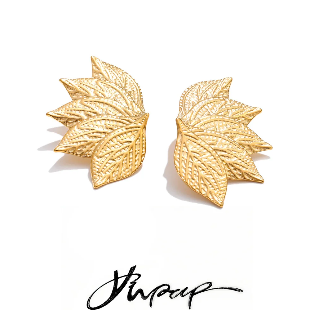 Yhpup Stainless Steel Metal Leaf Stud Earrings for Women