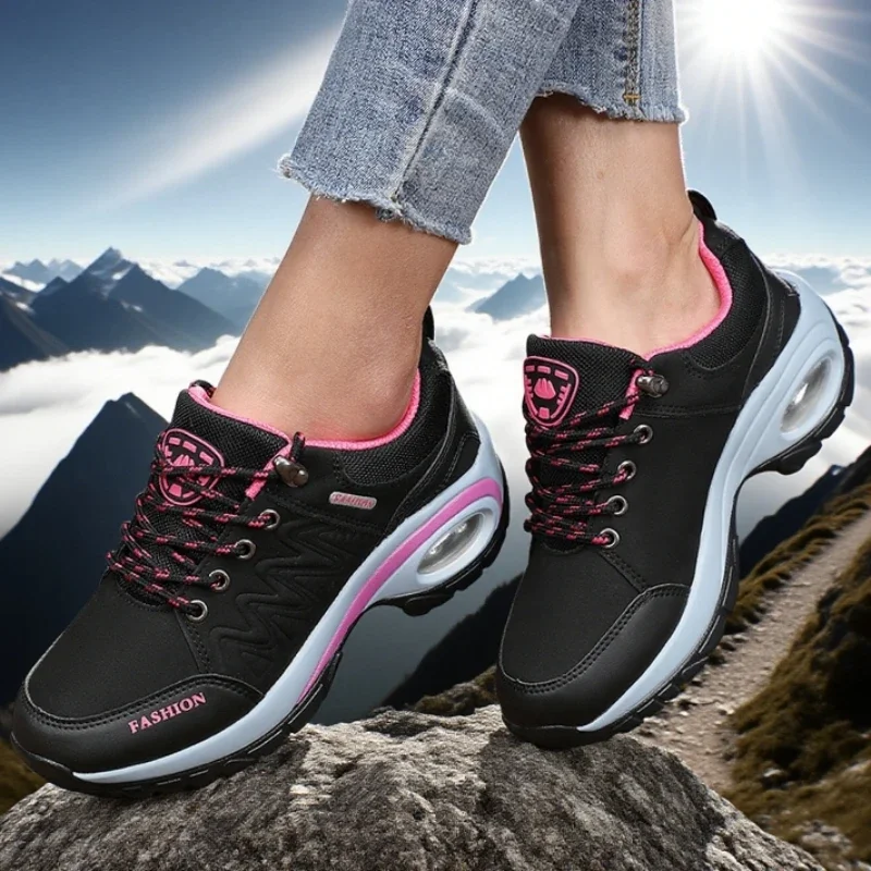 Women's Platform Shoes Waterproof Classic Color Outdoor Hiking Shoes Fashionable Anti Slip Casual Low Top Camping Women Sneakers