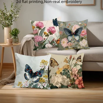 Vintage Floral Butterfly Throw Pillow Covers, Oil Painting Style Butterfly with Peony Print Cushion Cases, Botanical Home Decor 1