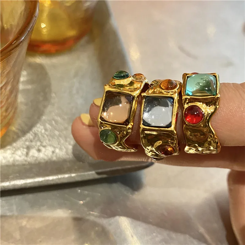 AOMU Colorful Vintage Baroque Premium Gold-Plated Crystal Rhinestone Rings French Irregular Geometric Metal Gold Rings for Women