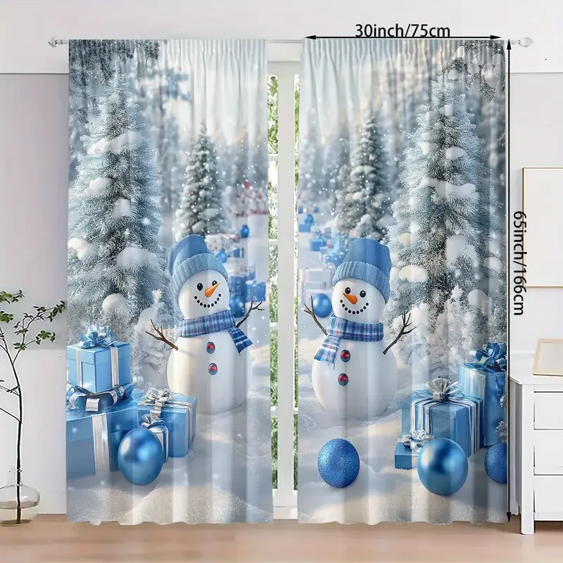 قطعتان من ستائر عيد الميلاد الذهبية الساحرة، ستائر بوليستر مرشحة بتصميم رائع لنوافذ عائلة عيد الميلاد