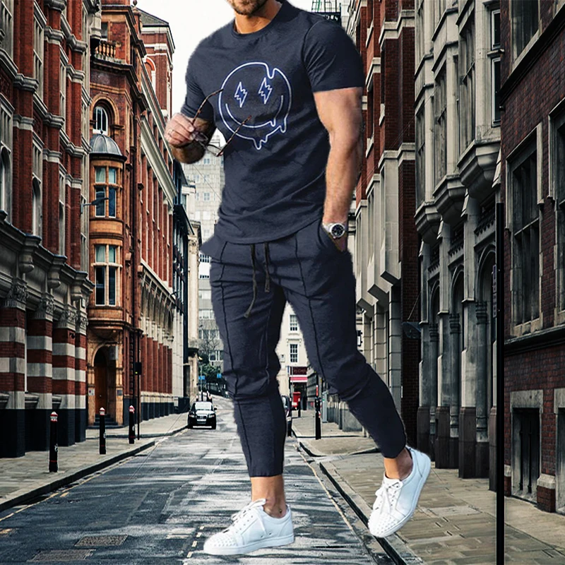 

2 Piece Outfits of Sportswear Short Sleeve Streetwear Loose 3D Printed T-shirt Long Pants Set Jogging Men T Shirt Sets Tracksuit