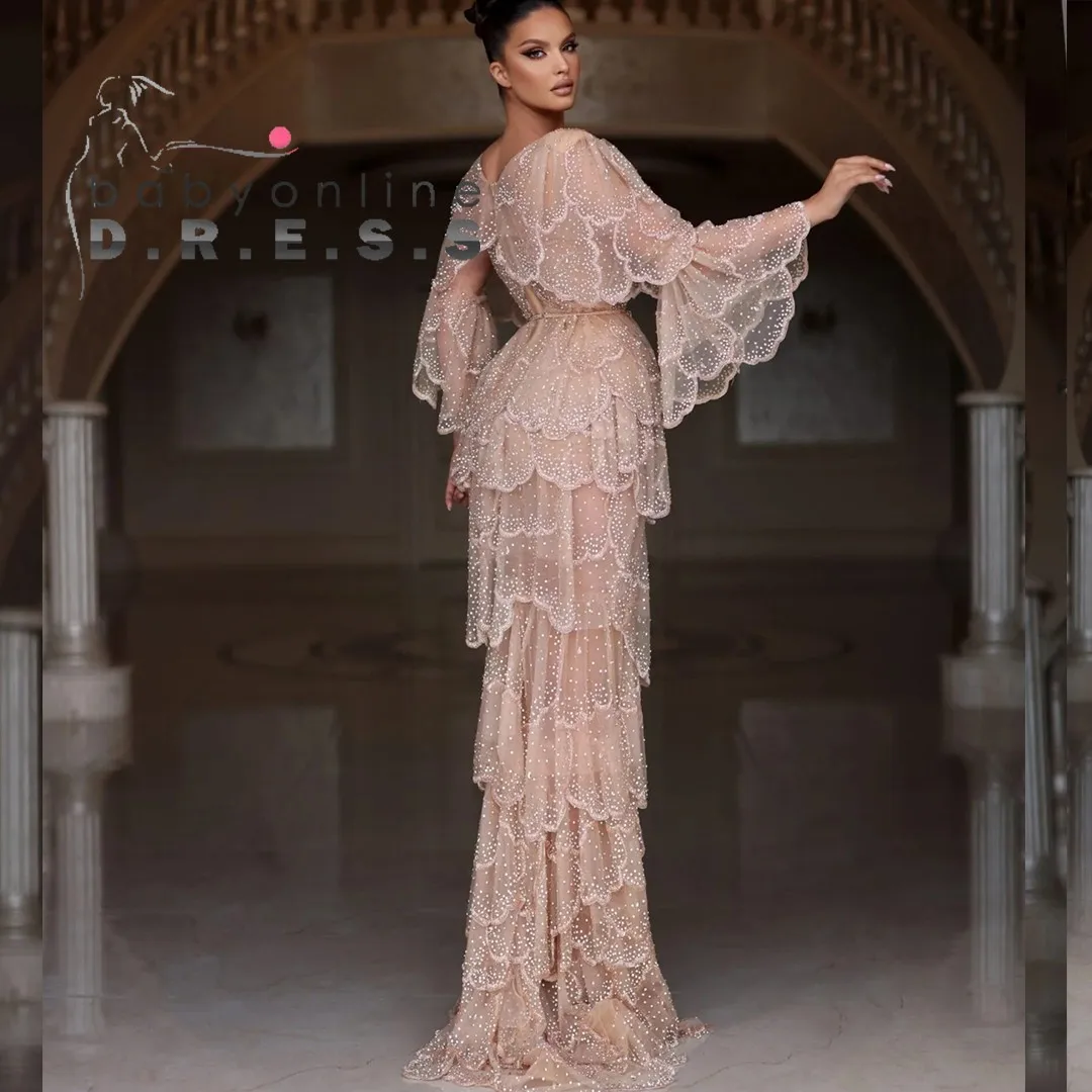 BABYONLINE-Robe de Mariée Arabe Personnalisée, Nude, Gemmes de Pierre Étincelantes, Luxe Beige, Manches Larges, Plusieurs Niveau
