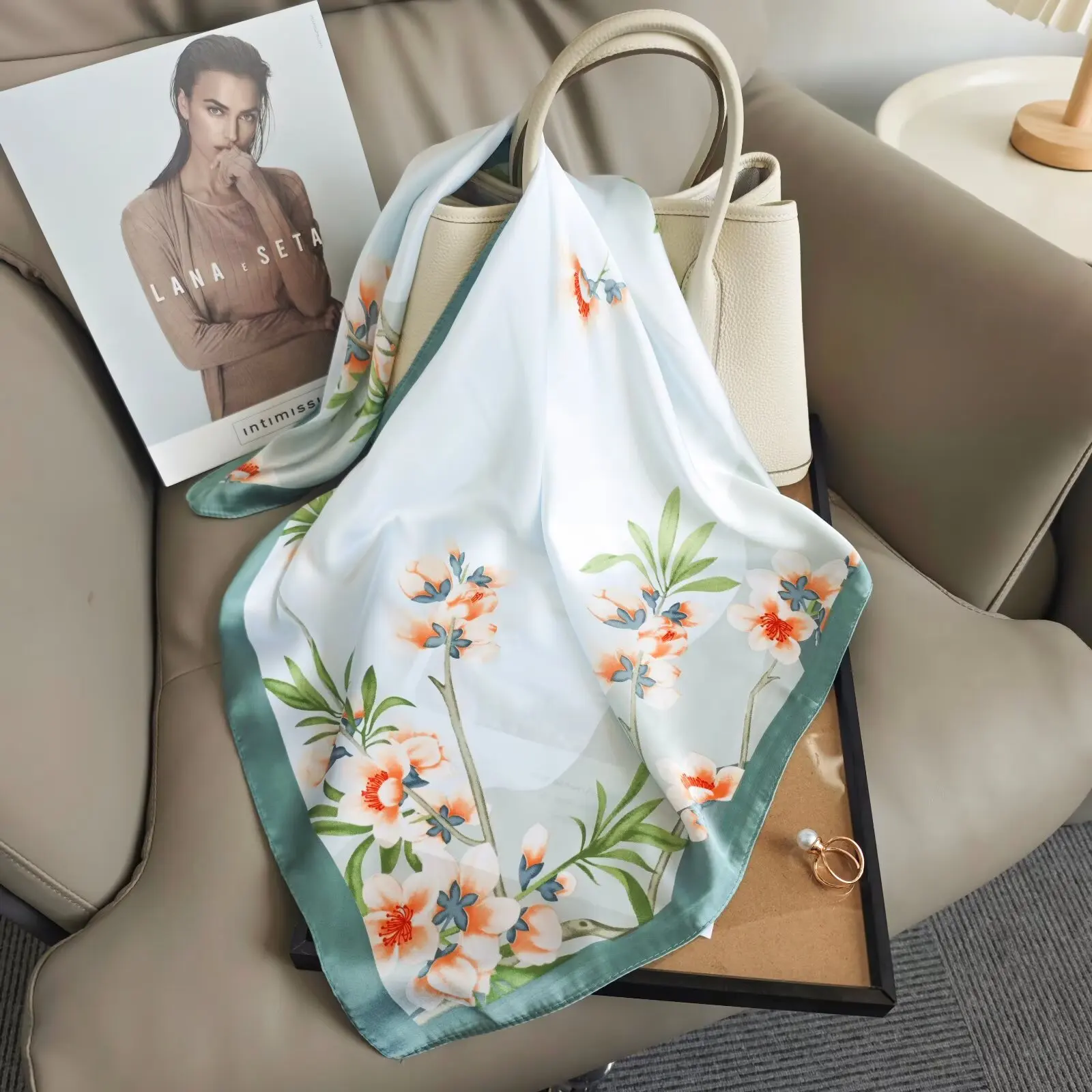 Luxury Design Print Silk Square Scarf Women Soft Satin Horse Hairband Neckerchief Office Hijab Headband Foulard Bag Ribbons Gift