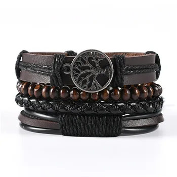4Pcs/ Set Braided Wrap Leather Bracelets for Men Vintage Life Tree Rudder Charm Wood Beads Ethnic Tribal Wristband Rope Bracelet 5