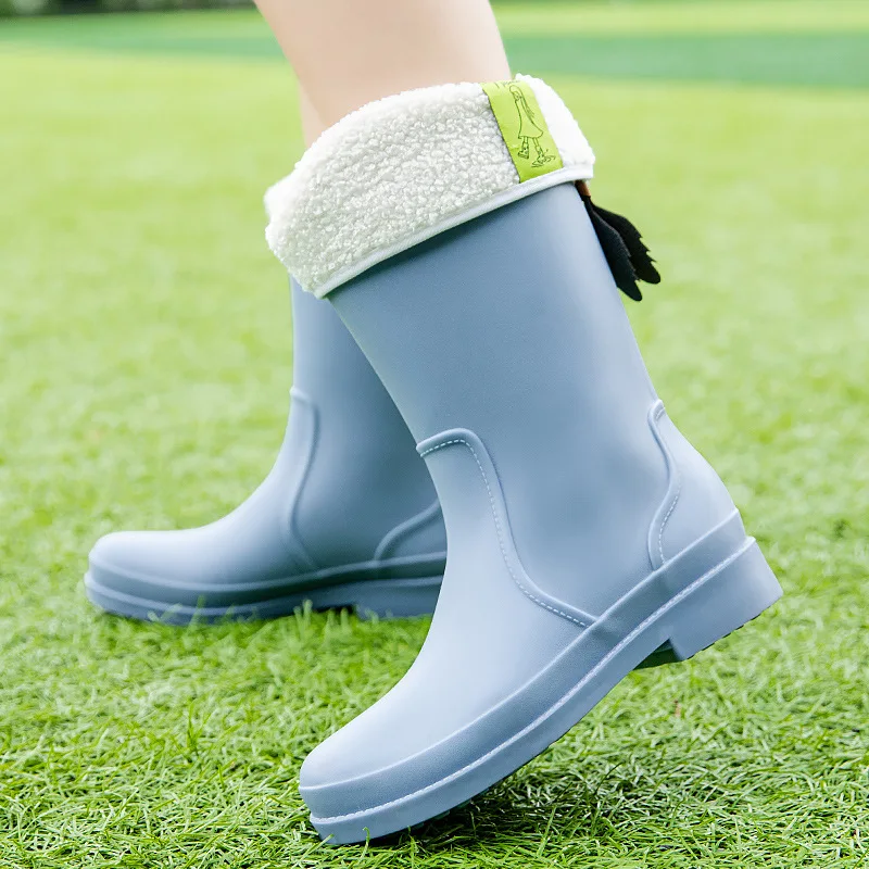 New Fashion Mid-calf Warm Rain Boots Outdoor Comfortable Waterproof Work Shoes Women Solid Color Water Boots