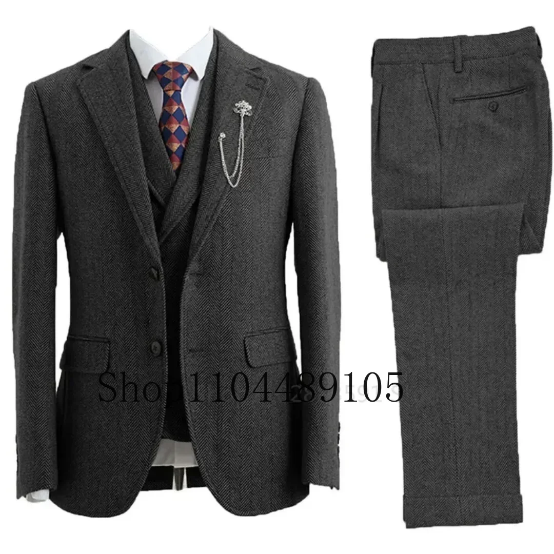 Elegant man suit three-piece herringbone suit mens suits 3 piece coarse woolen fabrics customize business activities banquet
