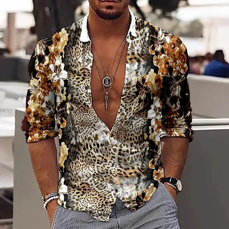 thumbnail image 1 of Camisa de manga larga informal con cuello vuelto y estampado de estilo lujoso para hombre, ropa de calle de moda, tops de tendencia, ropa para hombre, 1 of 5