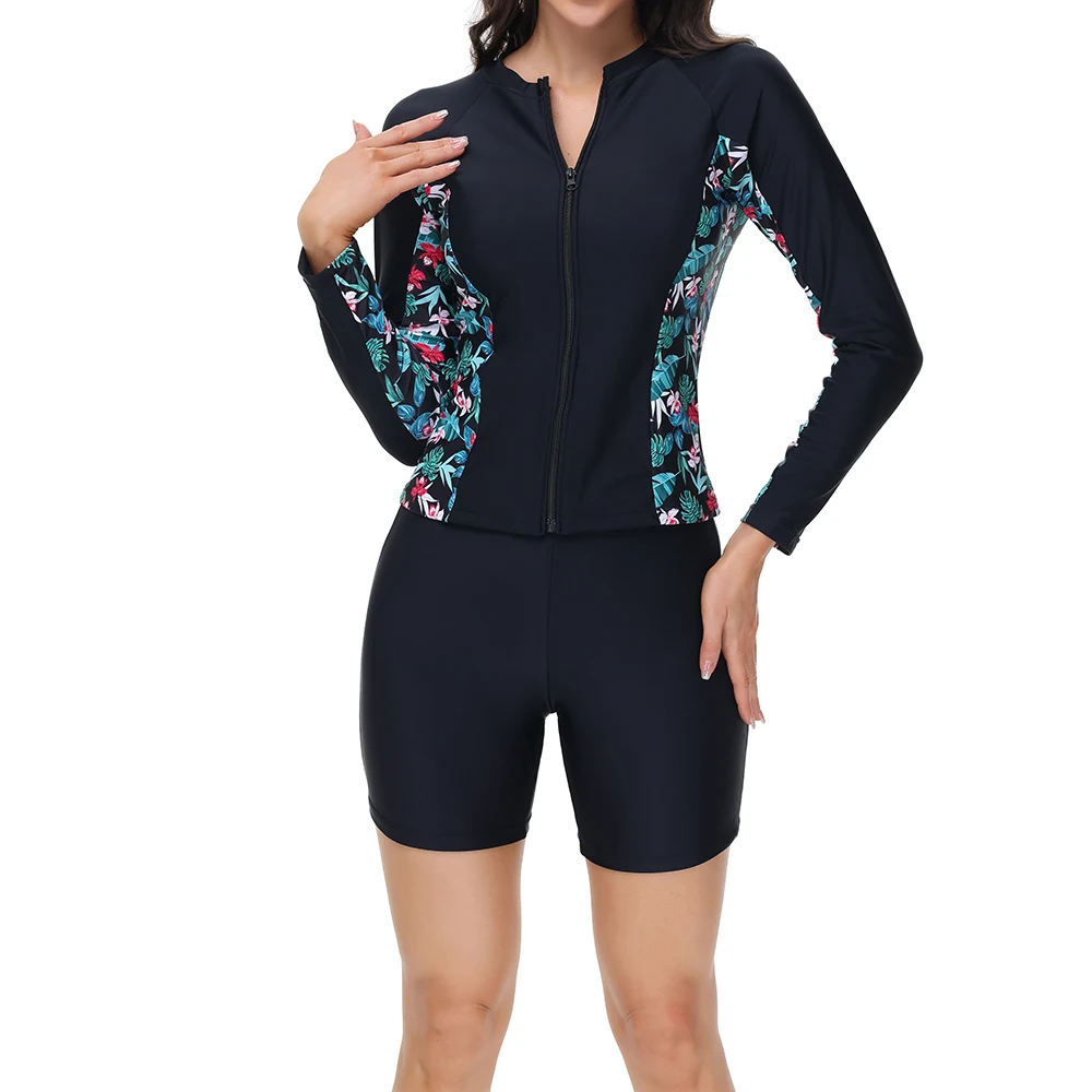 Women Sports Swimsuits Long Sleeve Print Floral Swimwear Zipper Boxer Shorts Two Pieces