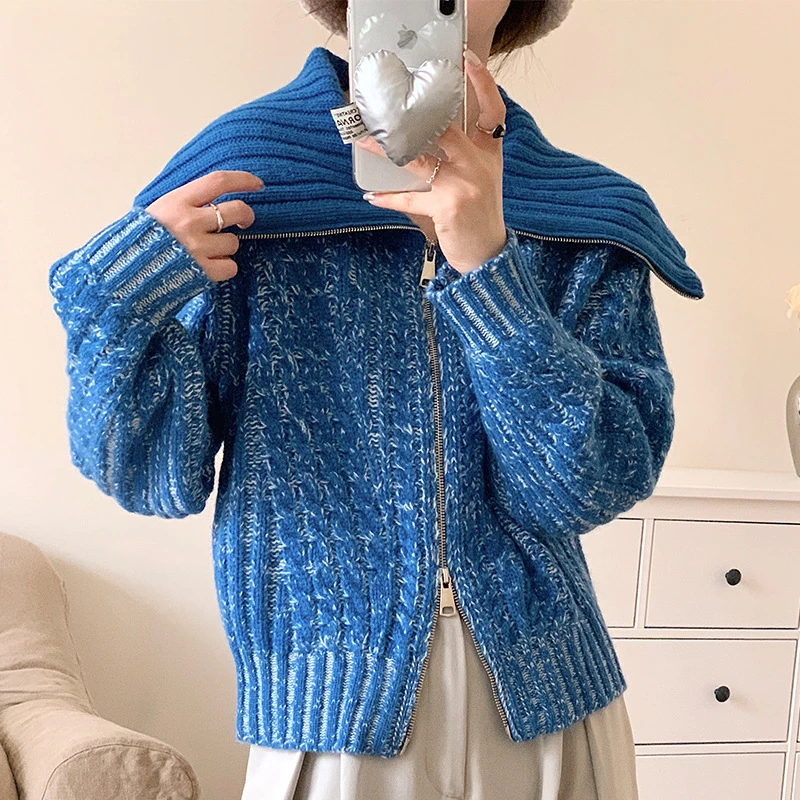 

Women Vintage Wool Sweater Large Lapel Niche Design Casual Knit Cardigan 2023 Autumn/Winter New in Loose Thick Tops