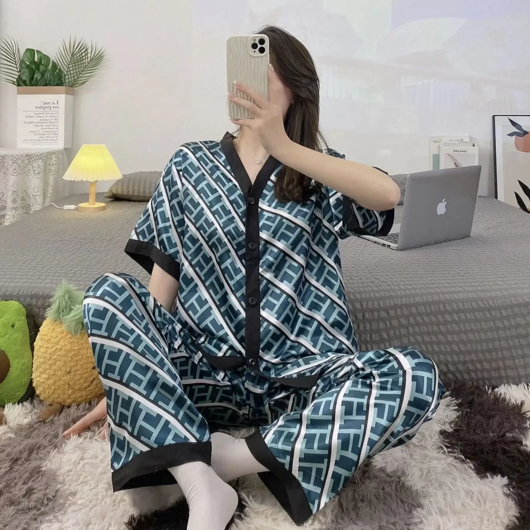 Cotton Pajama Set Women Ice Silk Pajamas Two-piece Female Short Sleeve Long Pant Pajama Set Cardigan Simulation Silk Lapel Loungewear Set