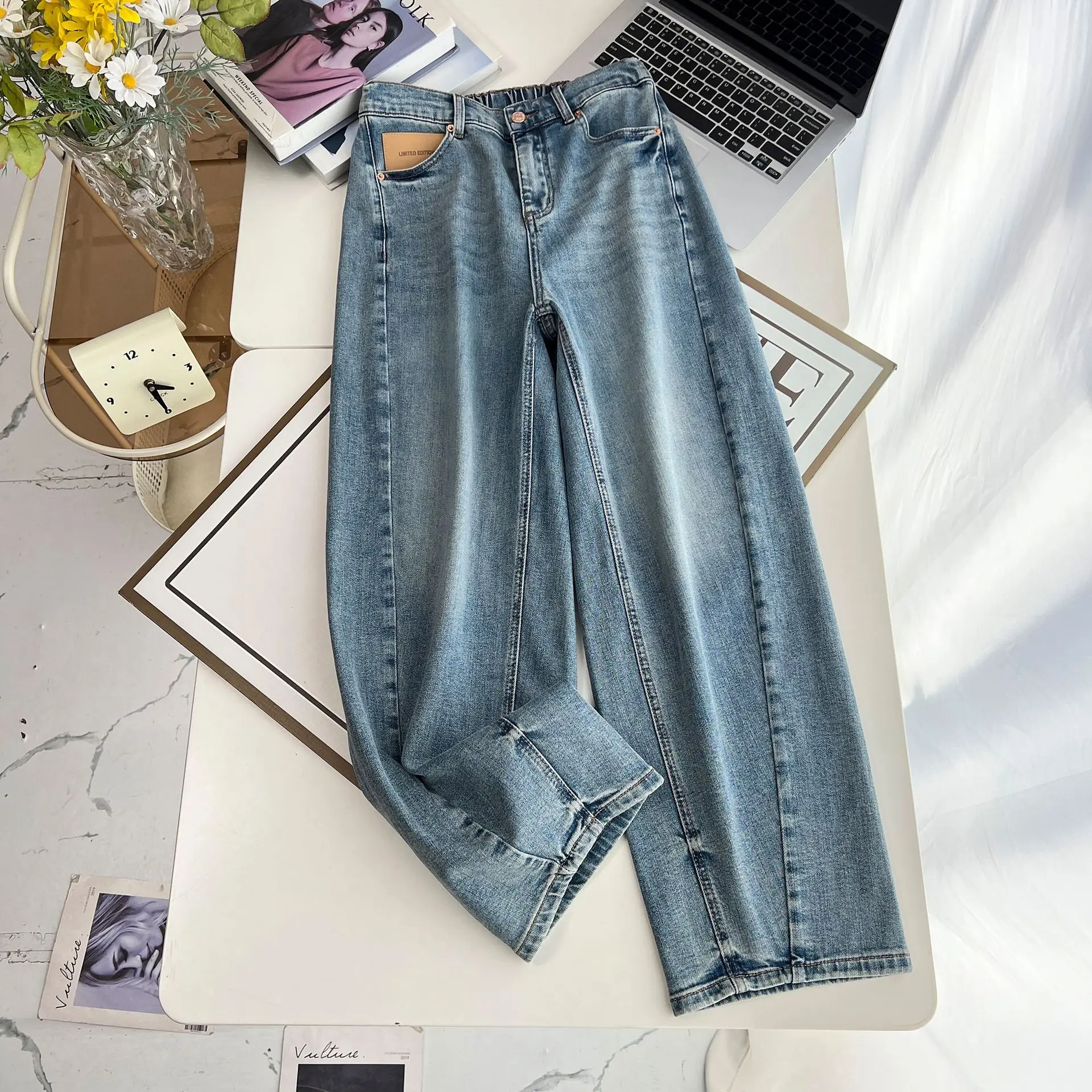 2025 Spring Autumn Boyfriend Jeans New 100kg Premium Design Curved Plus Size Women Denim Harem Long Pants 107