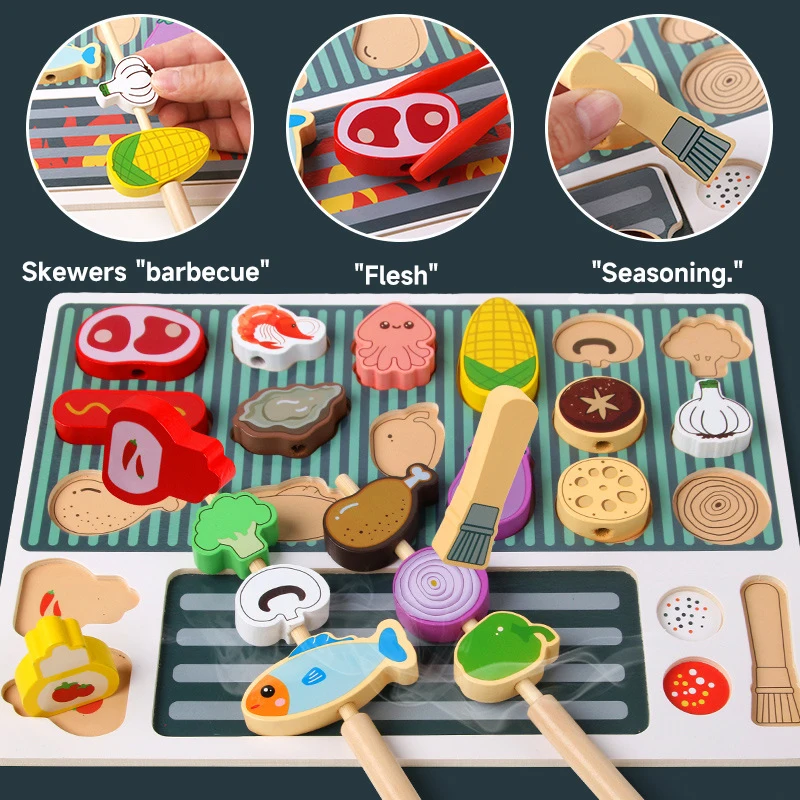 Children Simulated Barbecue Toy Set Kids Wooden Simulation Food Barbecue Cooking Toys Parent-Child Interaction Play House Toys 4