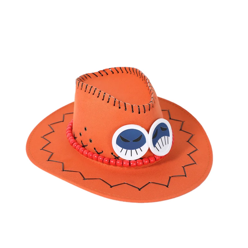 Cosplay Hat Anime Luffy Cosplay Cowboy Cap for Kids Adult Halloween Cartoon Luffy Pirates Hats Accessories Summer Orange Deerskin Velvet Hat