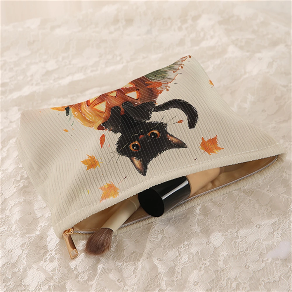 1 black cat and pumpkin patterned corduroy makeup bag, lightweight zipper makeup storage box, multifunctional bag with lining