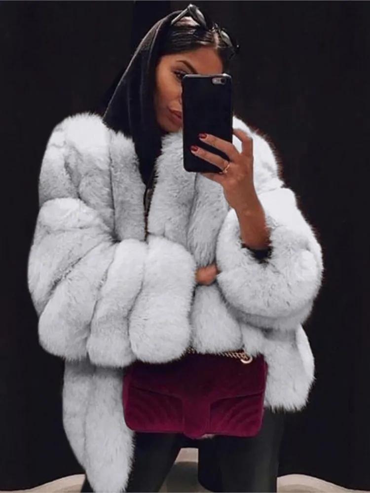 Fake Fox Fur Coat Silver Fox Fur Coat Women Winter White Long Sleeve Fluffy Jacket Outerwears Lady Fashion Jaqueta Feminina 2023
