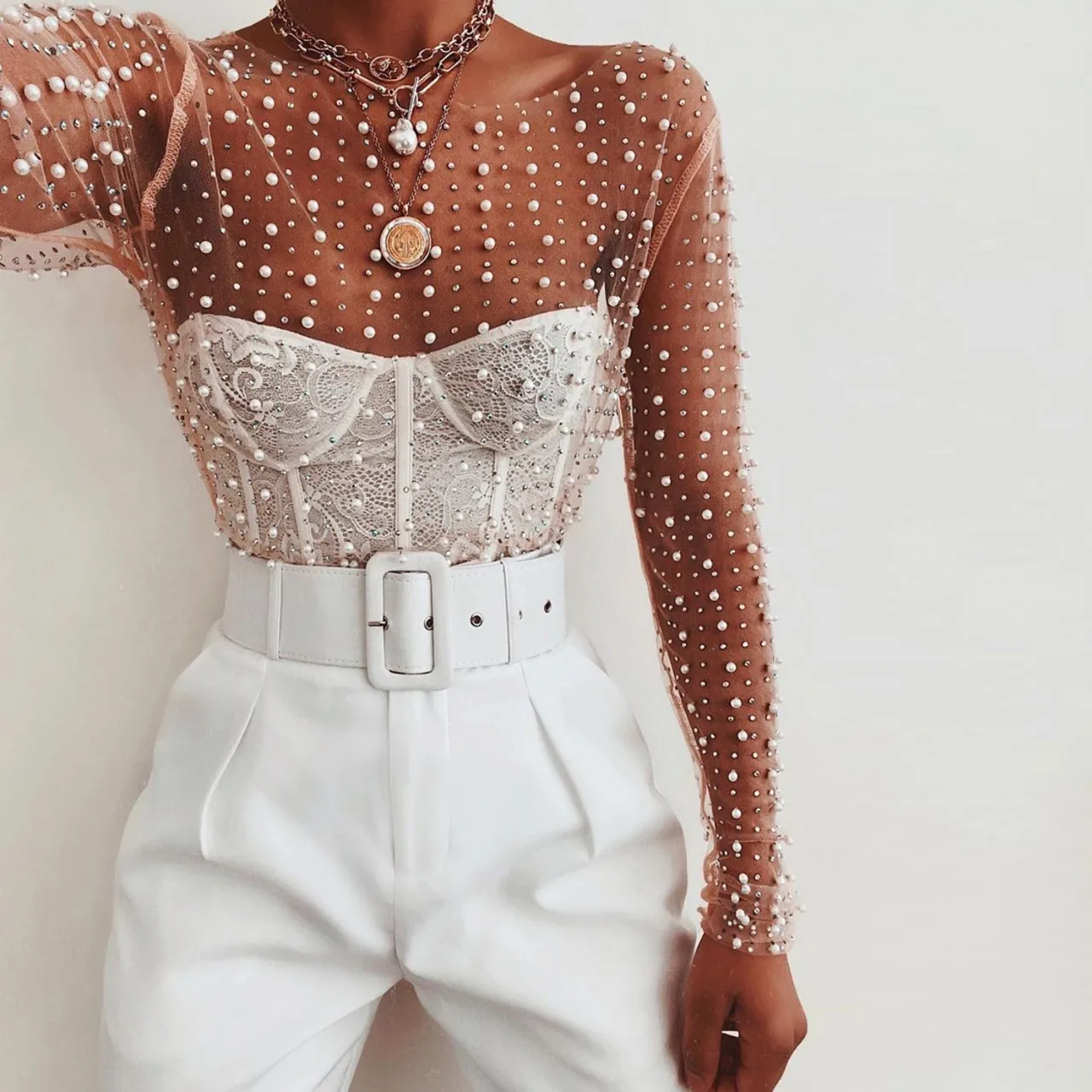 

Sexy See Through T Shirt Women Mesh Patchwork Diamonds Pearl Slim T-Shirts Elegant Crop Tops Female Spring Clothes