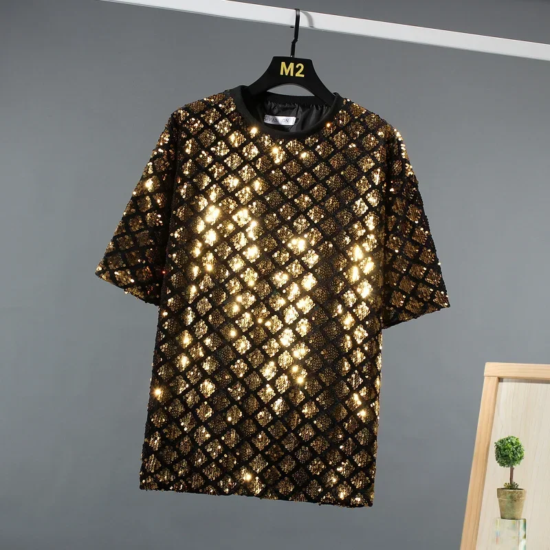 

2024 New Shiny Sequin Short Sleeve T-shirt Nightclub DJ Hip Hop Punk Tshirt Stage Costume Mens Harajuku Streetwear Men Clothing