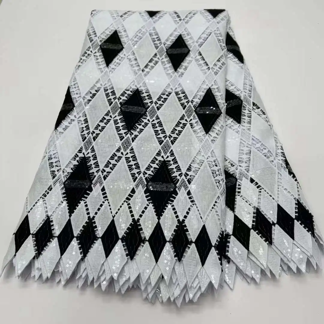 Luxury African Fabrics 3d Embroidery Guipir Sequins Lace For Women Wedding Dress 5Yards Water Soluble White Cotton Fabric