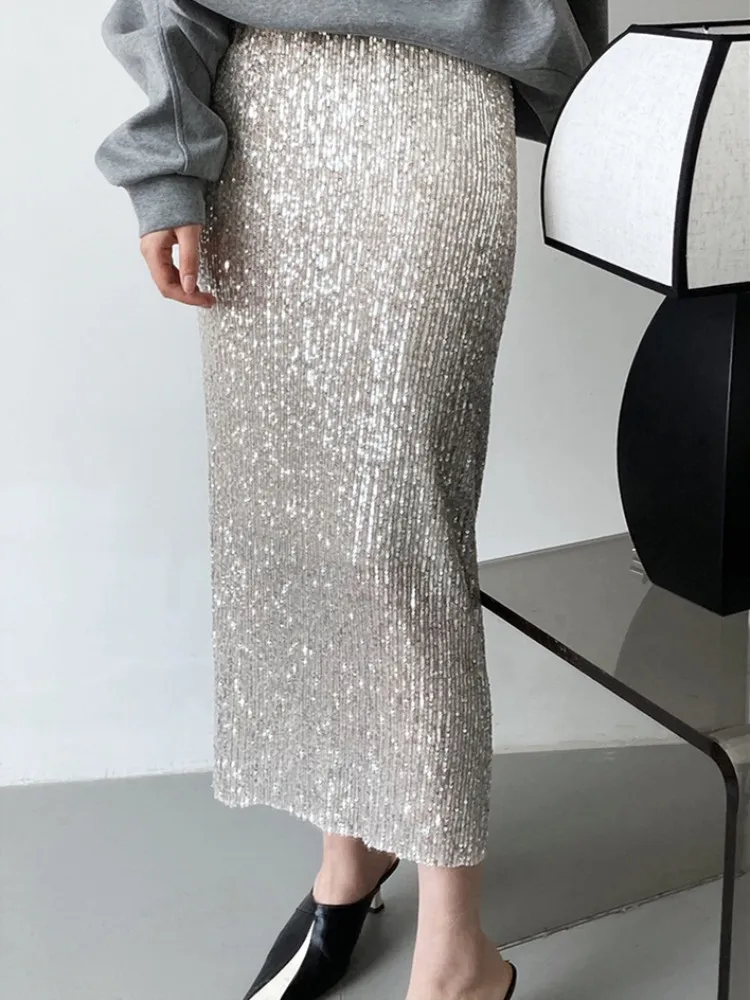 Free Shipping 2023 New Elegant Long Maxi Women Pencil S-XL High Waist Spring And Autumn Black Sequins Skirts With Lining