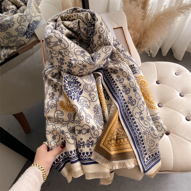 Thick Winter Poncho Women Scarf Luxury Floral Warm Shawl and Wrap Cashmere  Pashmina Scarves Design Blanket Bufanda Echarpe 2022
