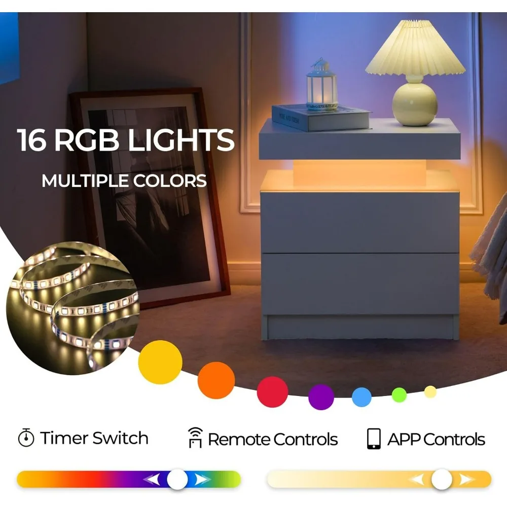 Nightstand Set of 2 LED Nightstand with 2 Drawers,Night Stand Set 2 with LED Light,Bedside Table with Drawers for Bedroom,White 5