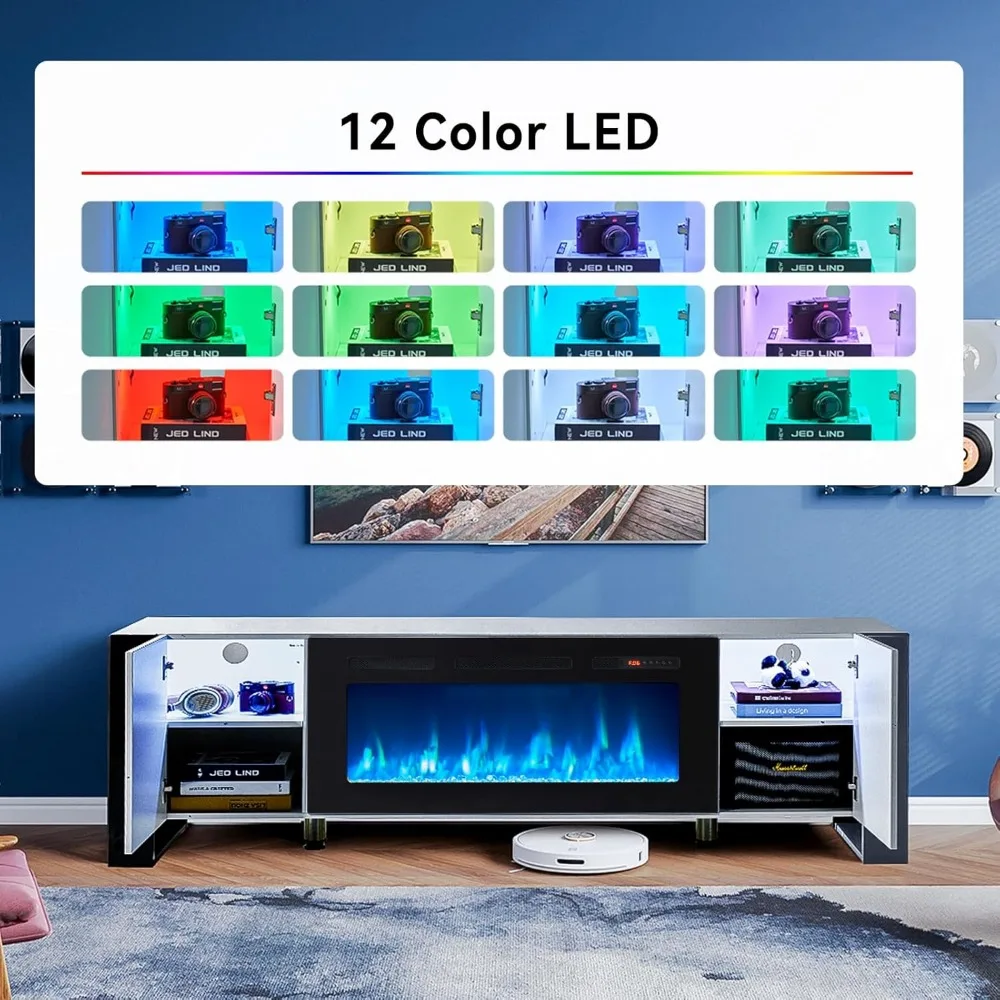 Fireplace TV Stand with 36" Fireplace, 70" Modern Entertainment Center LED Lights,TV Console Cabinet for TVs Up To 80" 5