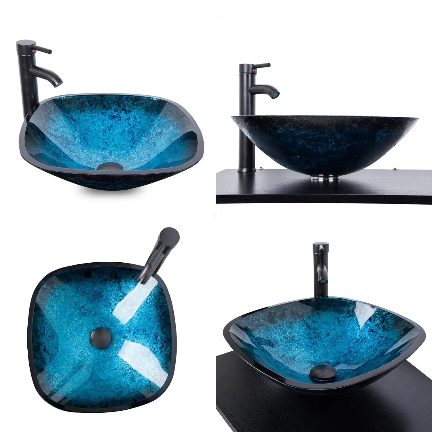 Bathroom Vessel Sink,Bowl Vessel Sink with Faucet and Drain Combo,Blue Tempered Glass Vessel Sink for Bathroom 6