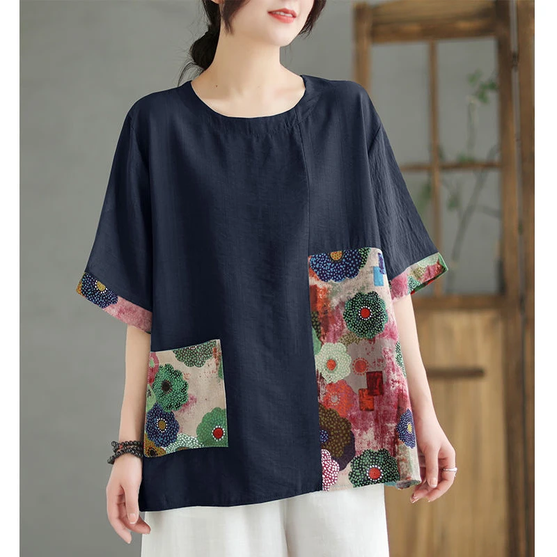 Women Retro Ethnic Style Print Patchwork Cotton Linen Shirts Summer Short Sleeve Oversized Blouse Casual O Neck Tops Blusas Ropa