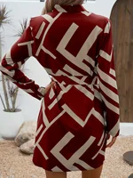 Elegant Commuter Style Red Apricot Geometric Striped Shirt Dress for Women, Spring and Autumn, Waist-Cinching Slimming Long Sleeve A-Line Short Dress, Petite Workplace Date Chic Shirt Dress - Image 5