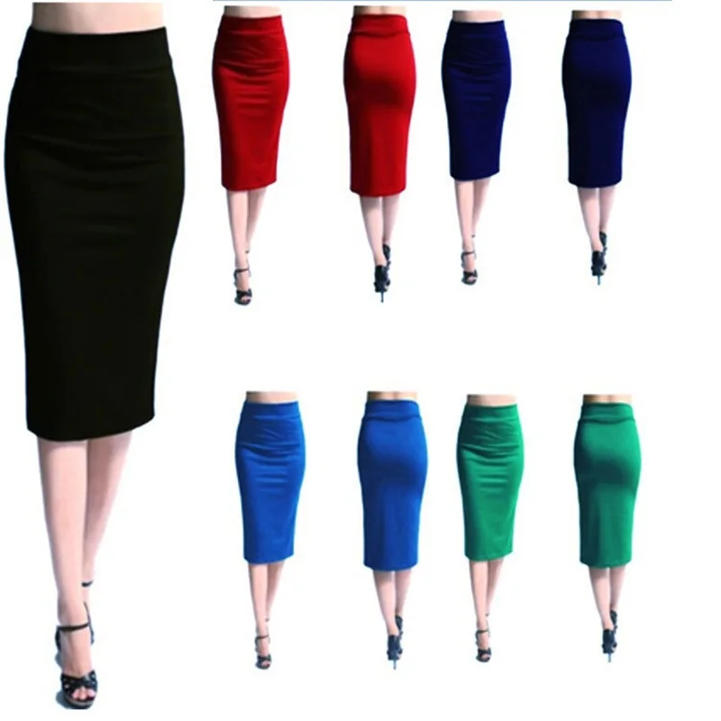 

Stretch Slim Knitted Skirts Womens High Elastic Package Hip Mid-Calf Solid Pencil Skirt Lady Rib Acrylic Maxi Skirts