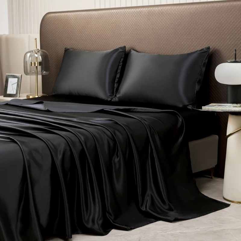 Description Picture 4 of itemHigh End Black Queen Size Bed Sheet Set Luxury Solid Satin Silk Bedsheet Set High Quality Twin Full King Sheets and Pillowcases