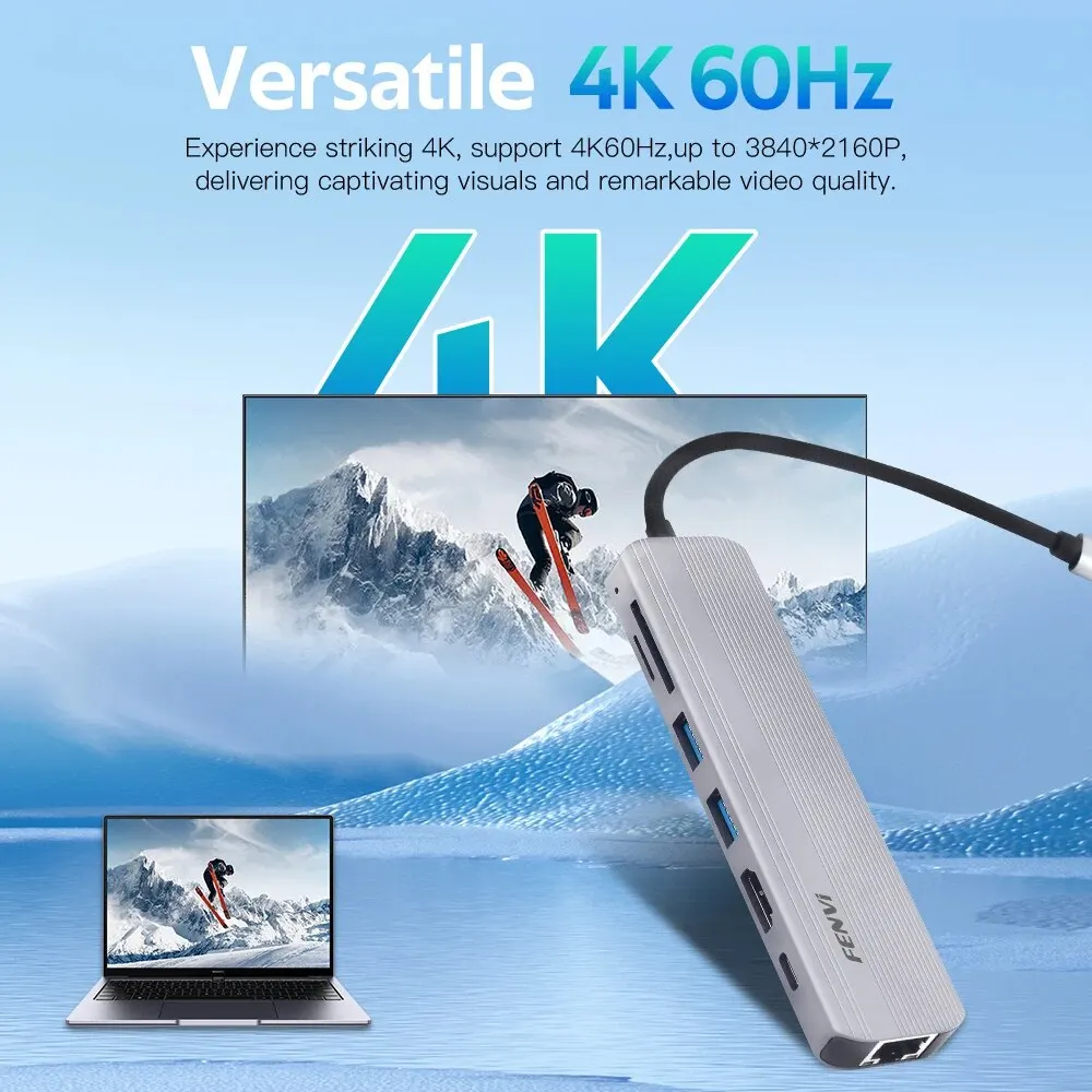 FENVI 도킹 스테이션 C타입 허브 스플리터 컨버터, HDMI 4K 60Hz USB 3.0, RJ45 PD 100W 고속 충전 SD TF USB C 독, 7 in 1