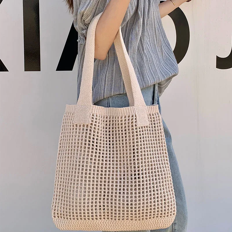 2023 New Knitted Shoulder Bag Large Capacity Summer Mesh Hollow Solid Color Small Fresh Travel Casual Shopping Trend All-match