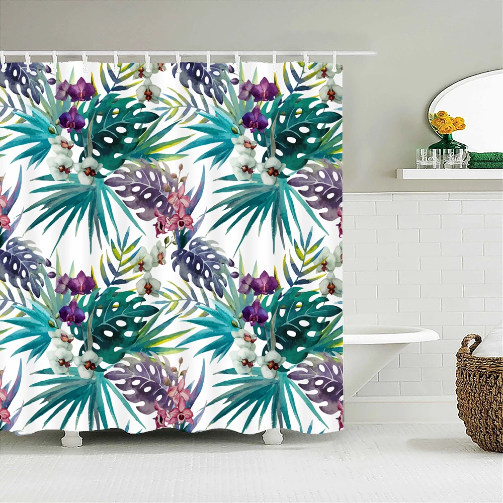 Rideau Douche 90x200 Imperméable Rideau De Douche 3D Plantes Tropicales - 90x200cm - Tissu Polyester Imperméable Anti-moisissure - 12 Crochets Inclus Rideau Imperméable