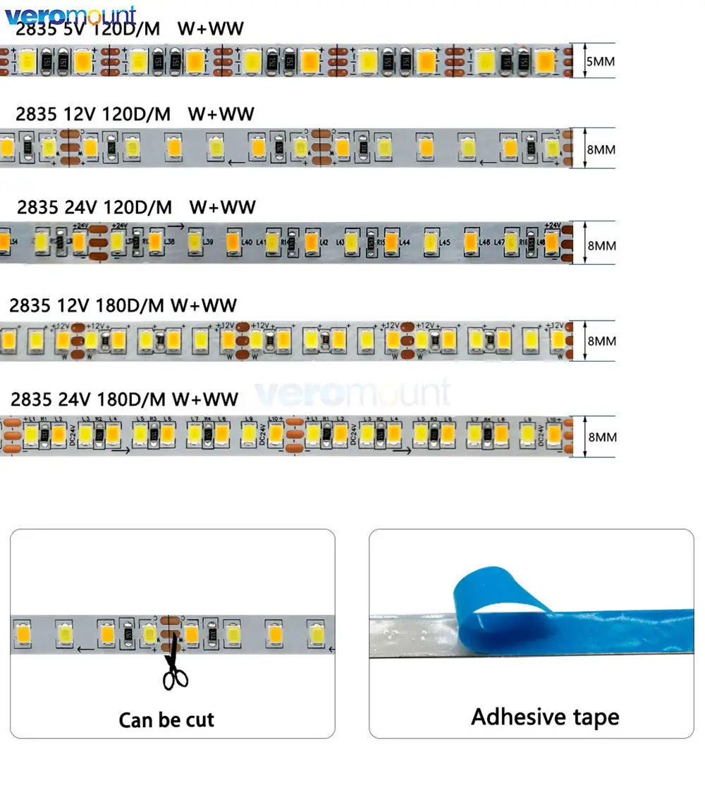 Dual Color SMD 2835 CCT Dimmable LED Strip Light, 5V, 12V, 24V, DC, WW, CW, ajustável, temperatura, flexível, fita, fita, 5m