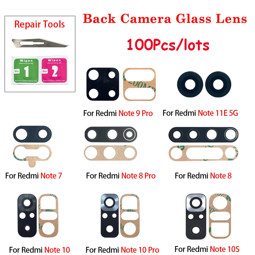 

100Pcs/lots Original Rear Back Camera Glass Lens For Redmi Note 11 11S 11T 11E 10T 10 10S 9 9S 8T 8 Pro With Glue Adhesive