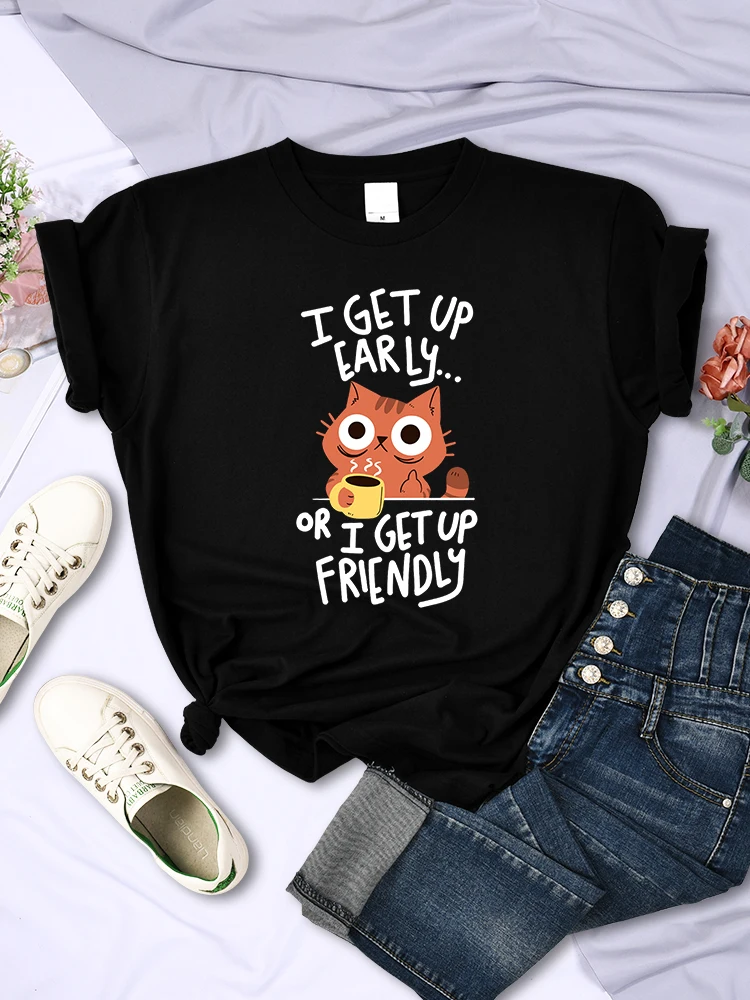 I Get Up Are Lazy Cute Cat 여성 티셔츠, 캐주얼 통기성 반팔 패션 오버사이즈 스트리트웨어 여름 여성 티셔츠