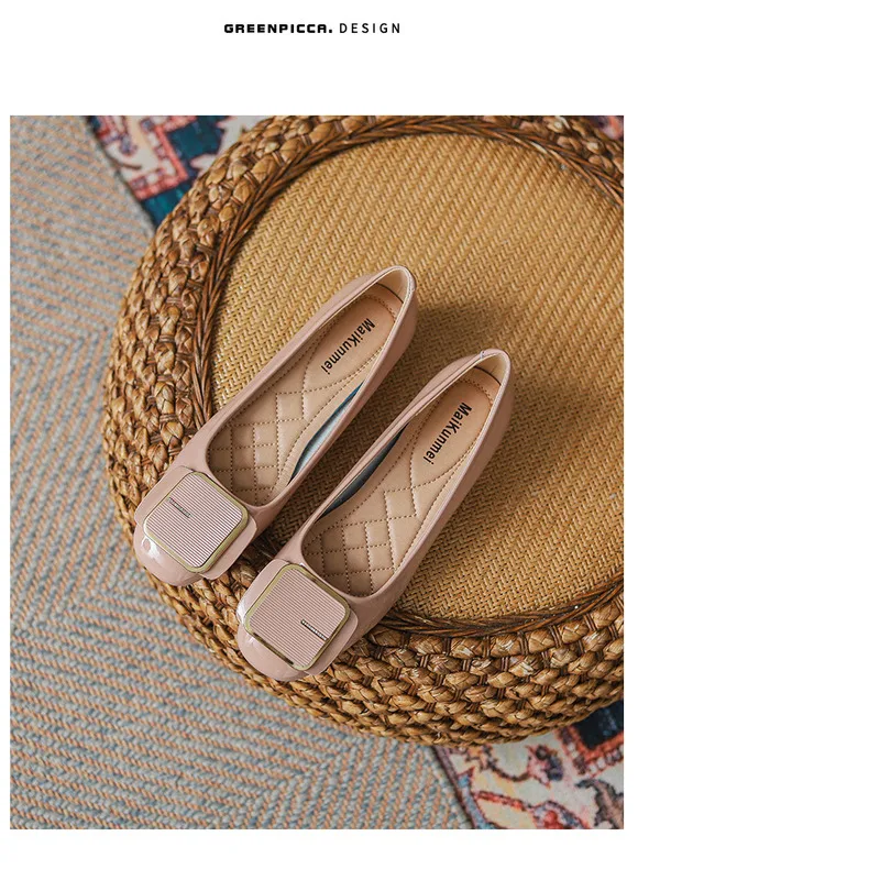 French Style Women's Flat Shoes Leather Square Toe Low Block Heel_voghion.com
