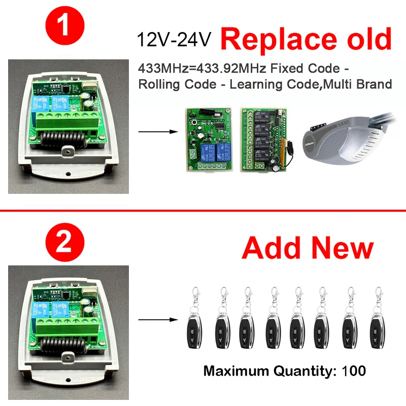 12V-24V Garage Door Receiver Transmitter 433.92MHz Fixed Rolling Code Remote Control Switch for Garage Door Motor garage remote control