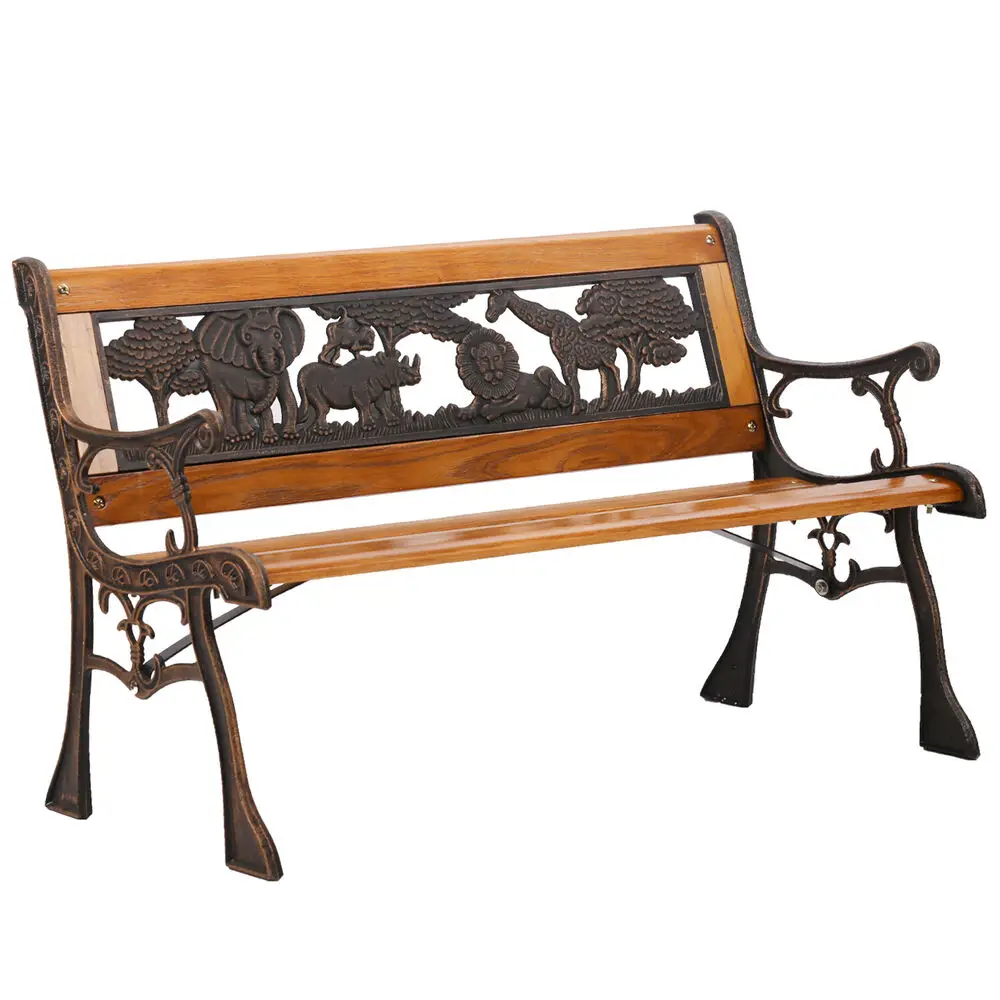 Patio Garden Bench Park Porch Chair Cast Iron Hardwood Furniture Animals with Backrest and Armrests for Lawn, Balcony, Backyard