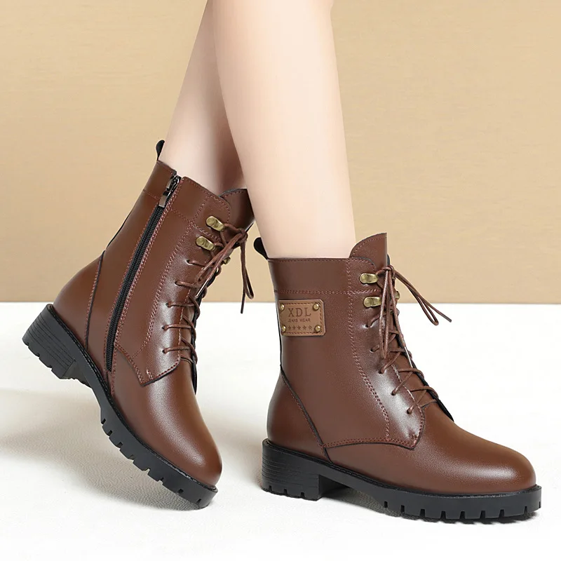 CICIYANG Ankle Boots for Women Genuine Leather 2024 Winter Wool Boots Platform Low Heels Ladies Motorcycle Boots Large Size 42