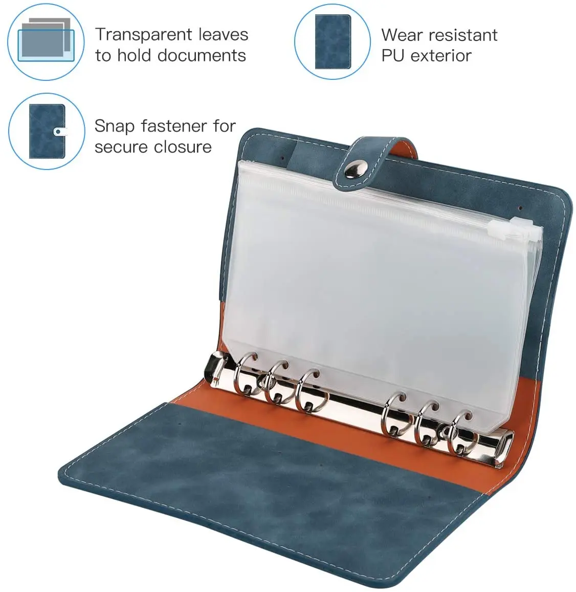 A6 PU Leather Binder Budget Planner Refillable 6 Round Rings Binder Cover Notebook Folder 12 PCS Clear Plastic Envelopes