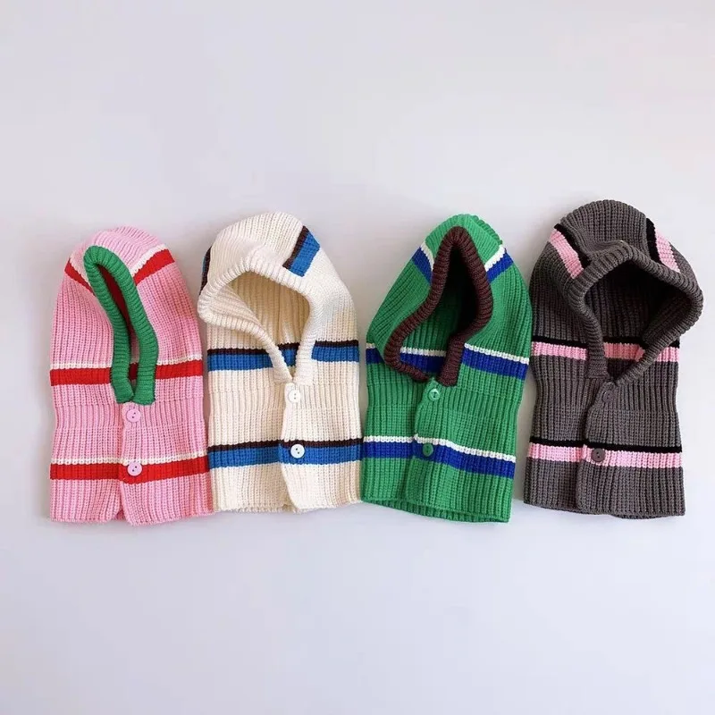 Winter Children's Knitted Hats Kids Striped Warm One-piece Scarf Wool Hat Kids Warm Ear Protection Hat Baby Winter Caps