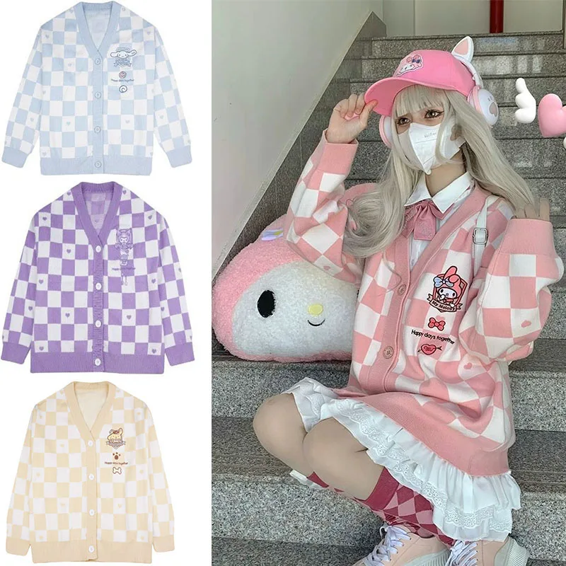 

Kawaii Cardigan Sanrio My Melody Kuromi Cinnamoroll Cute Anime Knitted Sweater Jk Uniform Loose Tops Outer Wear Girls Gift