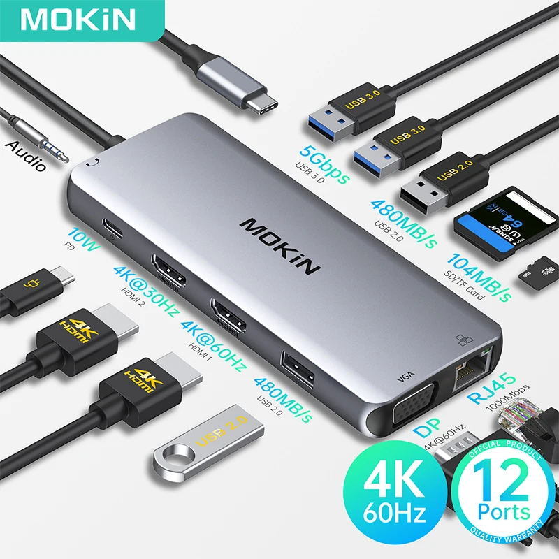 

MOKiN USB C Adapter 4K 60Hz USB 3.0 HUB VGA Gigabit Ethernet TF/SD 100W PD Docking Station Adapter Splitter for Xiaomi Lenovo