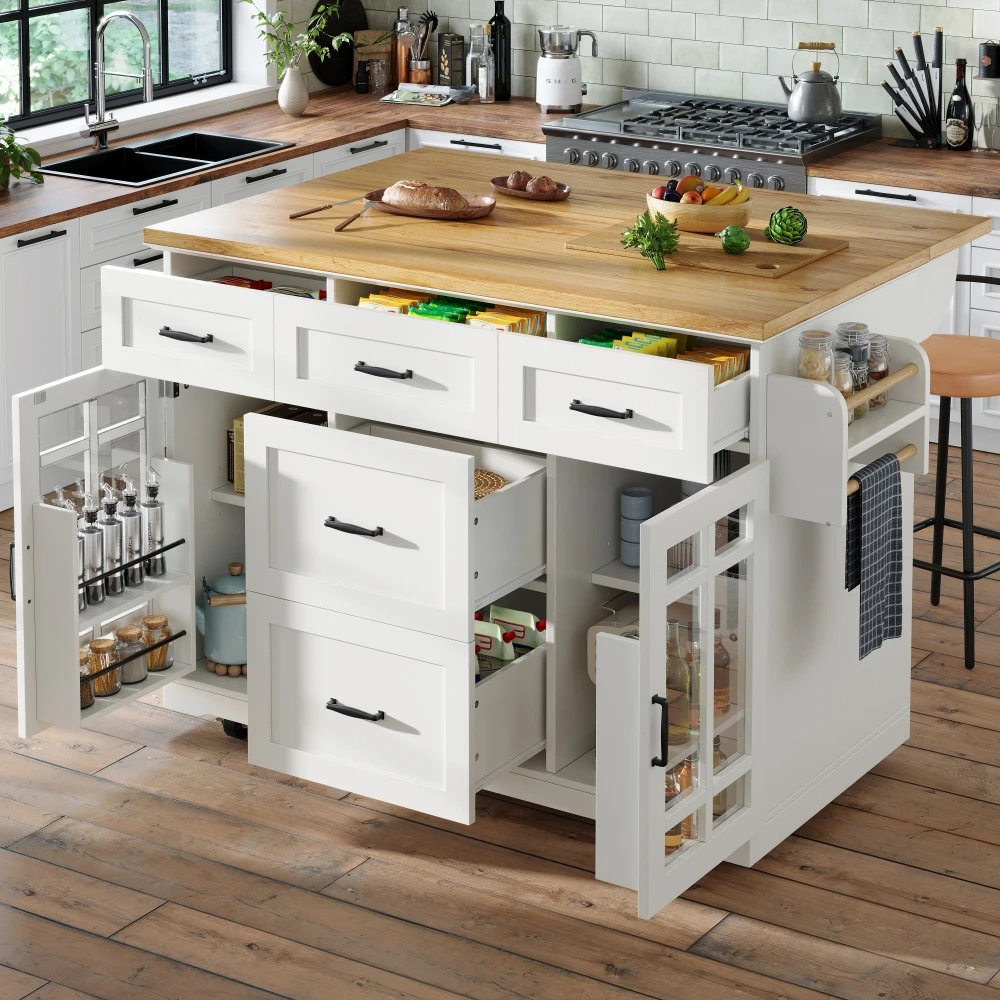140x40(63,5)x95 cm Isola da cucina mobile moderna, carrello da cucina con rulli, ripiani regolabili in altezza, 2 ante e 5 cassetti