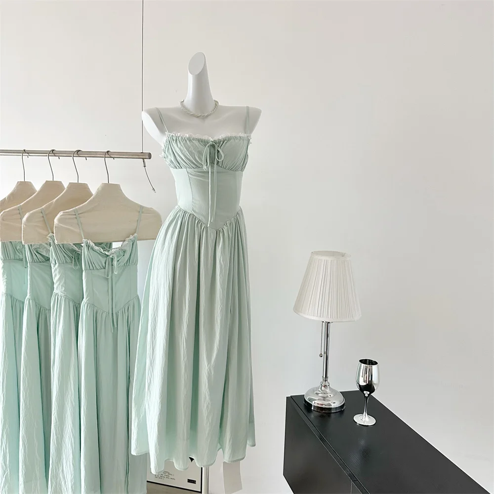 Summer New Spaghetti Strap Backless Midi Dresses for Women Lace-up Sleeveless Beach Style Korean Fashion One Piece Vestido Mujer