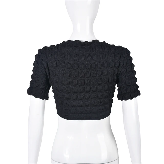 Fashion-forward Black White Stacked Puff Popcorn T-shirt with V Neck and Lace Up Crop Top design for summer beach outfits